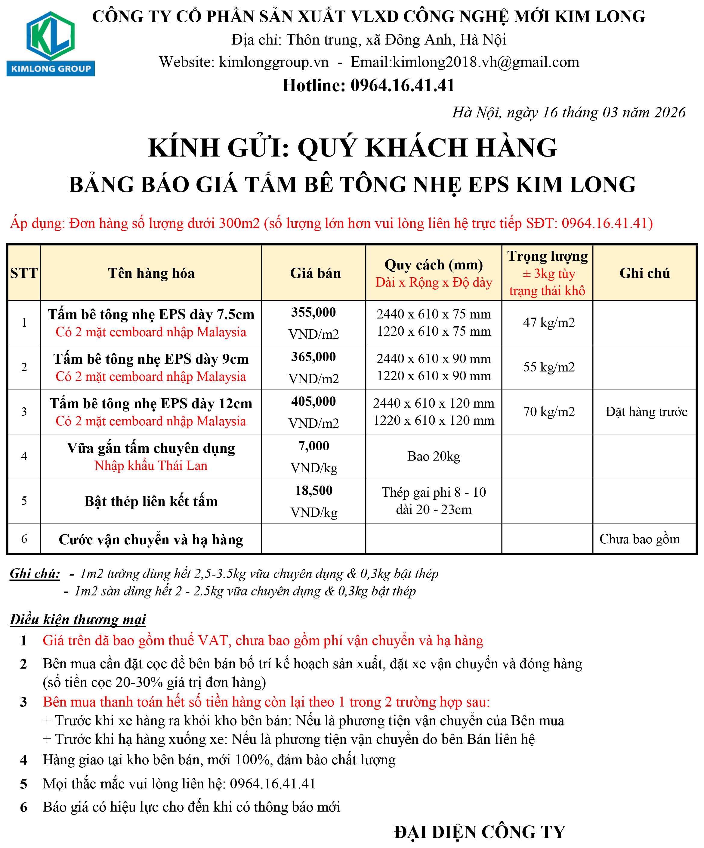 báo giá bê tông nhẹ Kim Long