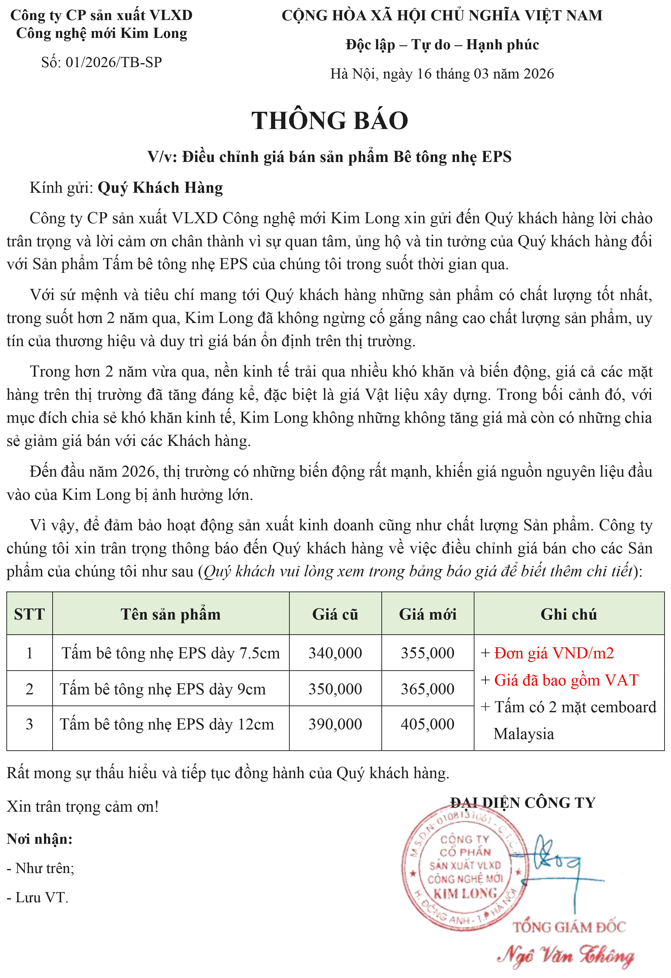 thông báo giá bê tông nhẹ Kim Long